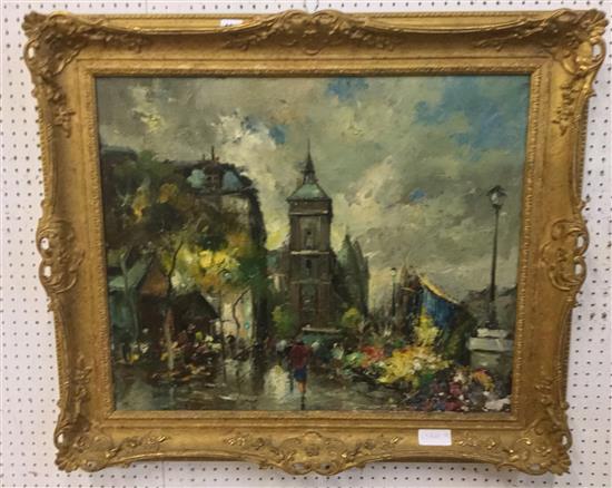 F. Clavey, oil on canvas, Continental street scene with flower market, signd